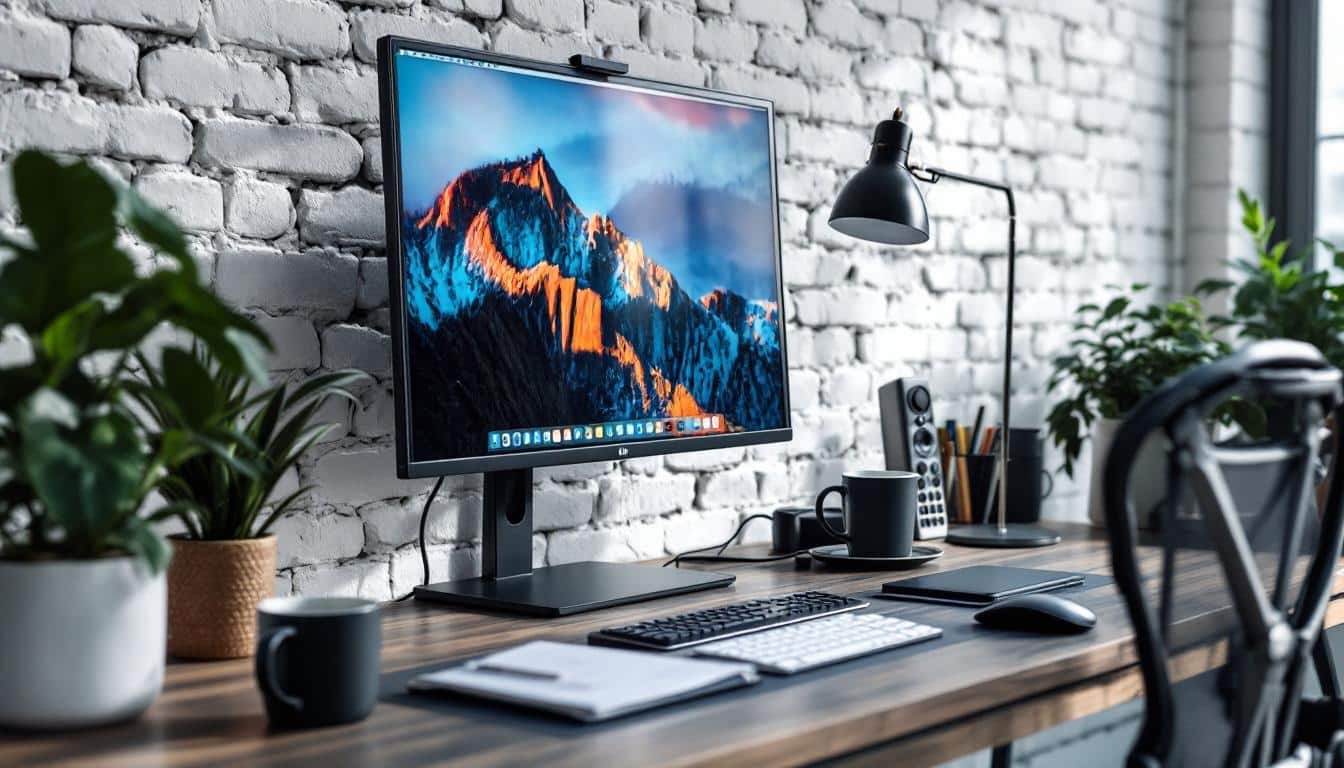 A dedicated coworking desk with a large monitor and personal items set up permanently