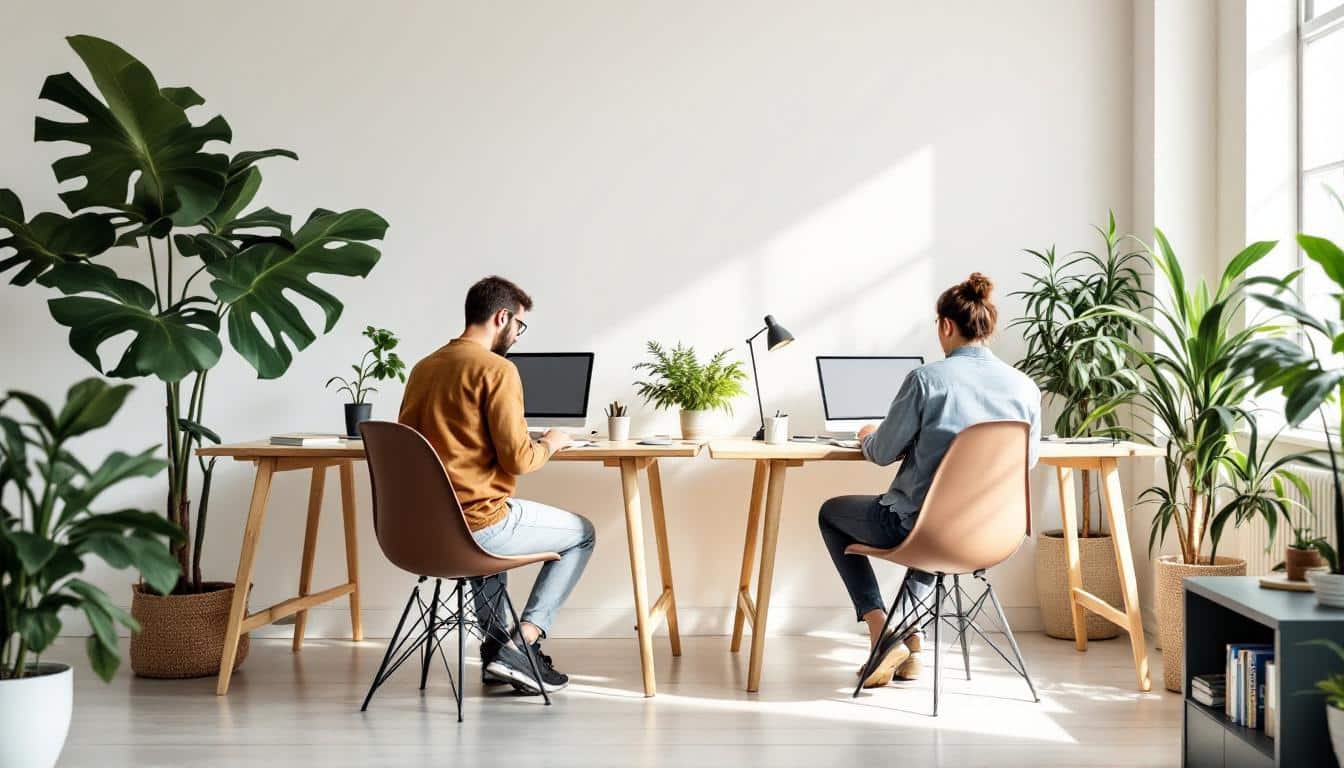 People working independently and quietly at separate desks in a calm coworking space