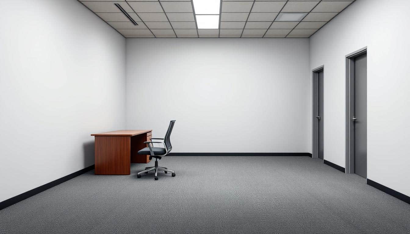 An empty conventional office with plain walls and fluorescent lighting