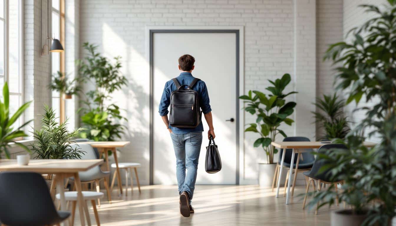 A person arriving at a bright and welcoming coworking space