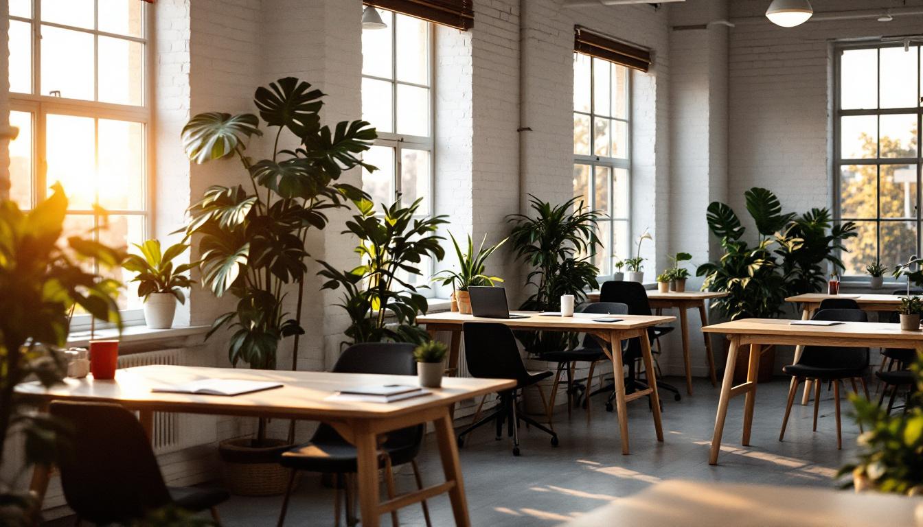 A calm coworking space interior with wooden desks, green plants, and natural light from large windows