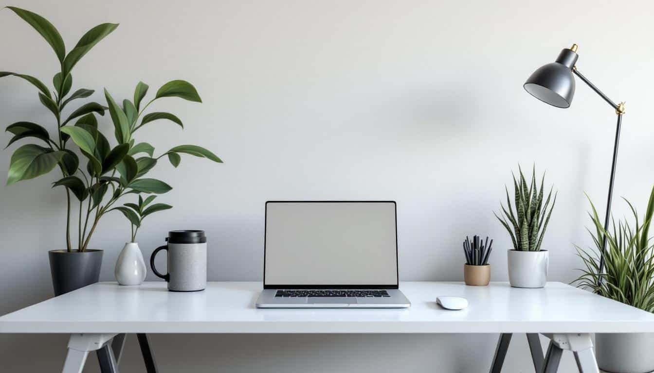 A minimal hot desk with just a laptop and no personal items