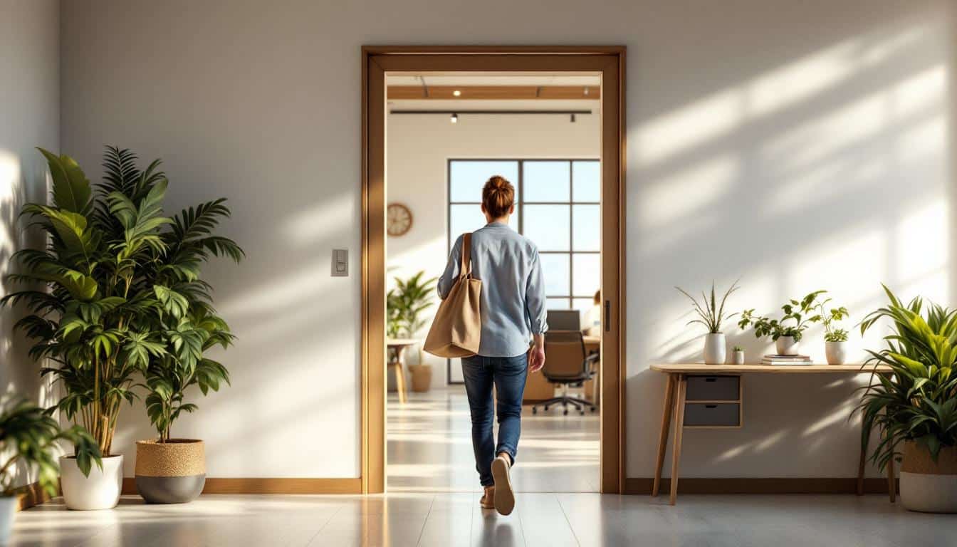 A person arriving at a coworking space in the morning