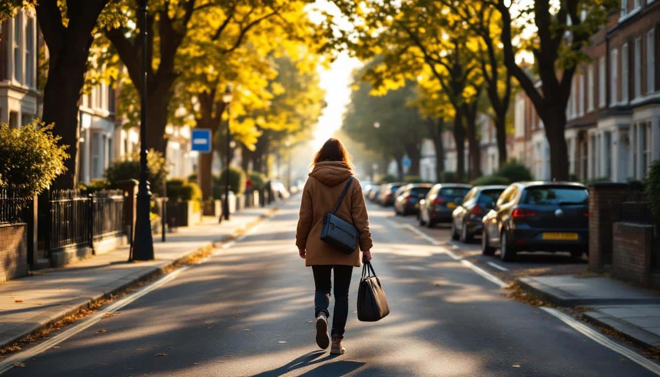 A person walking to work along a residential street on a sunny morning