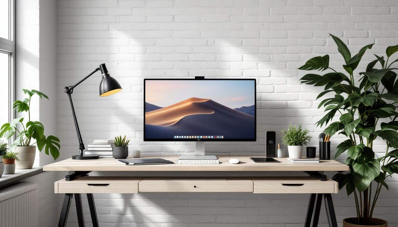 A settled coworking desk with a permanent monitor and personal items
