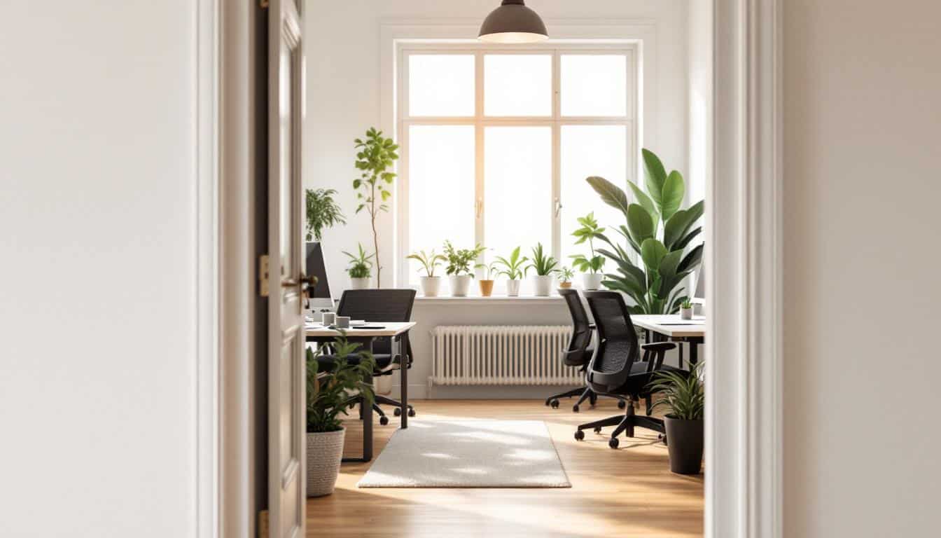 A coworking space with several personalised desk setups viewed from the entrance
