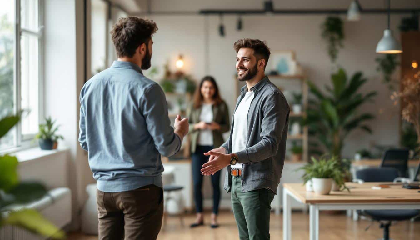 Two people walking through a bright coworking space during a tour