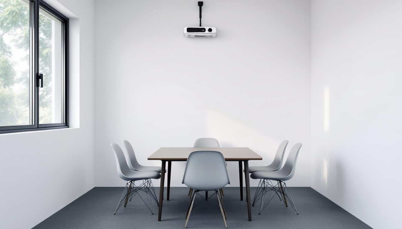A small clean meeting room with a table and projector