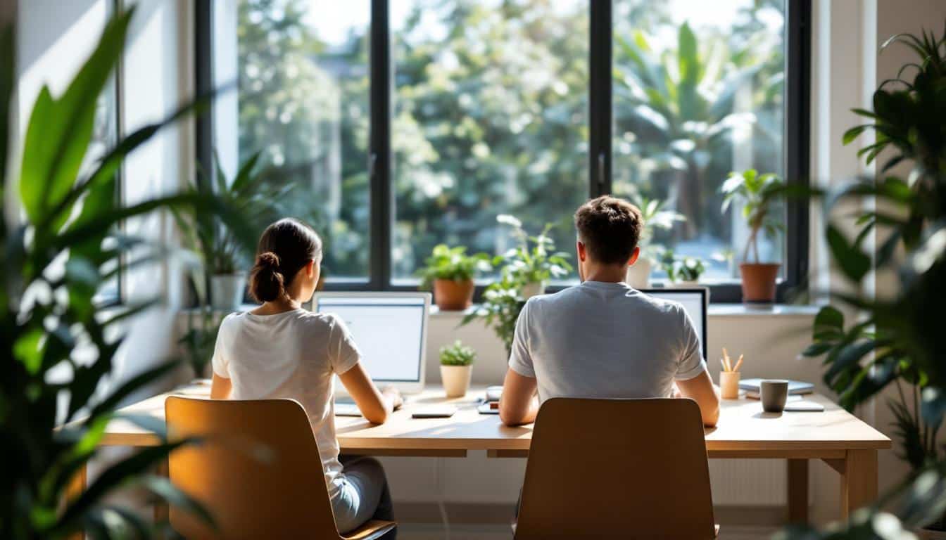 Two people working productively at desks in a bright coworking space with plants